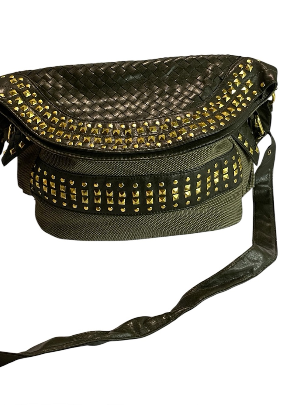 Nila Anthony Olive & Brown Crossbody Bag with Gold Studs